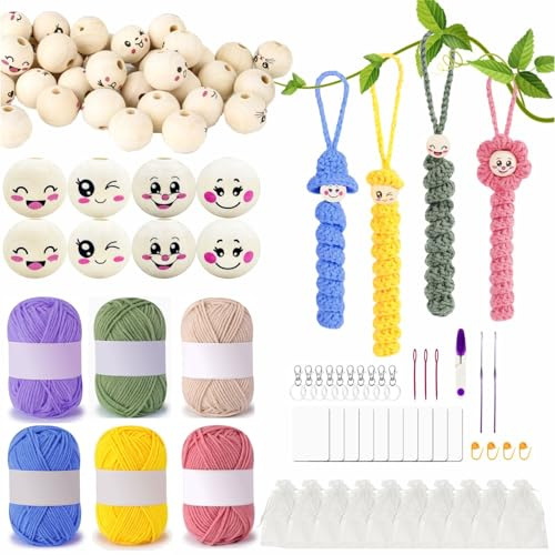 mellystore Sorgenwürmchen Häkelset,Glückswürmchen Häkel Set mit 6x25g Häkelgarn und Häkelnadel,Sorgenwürmchen Häkeln Set 40 Holzkugeln mit Gesicht,Schlüsselring,Glückswürmchen Häkelset