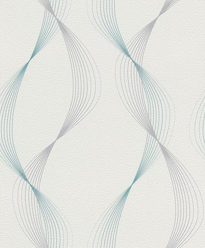 Rasch Tapete 475623 - Weiße Vliestapete mit schwungvollen und dynamischen Linien in Türkis und Grau, Wellenmuster - 10,05m x 0,53m (LxB)