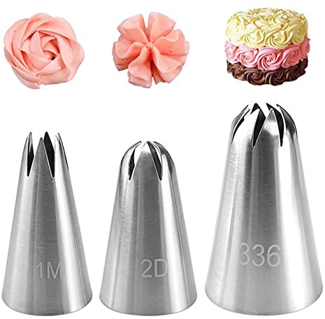 3 Pcs Piping Nozzles Kit, 1M 2D 336 Stainless Steel Cake Decorating Piping Tips, for Cream Cupcake Cookie Decorating