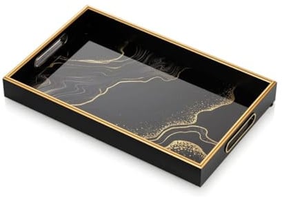 IvoQ Vassoio di Lusso Nero Oro 45x30 cm – Elegante Piatto da Servizio in Vetro e Plastica – Moderno Vassoio Decorativo con Maniglie – Organizzatore Elegante per Soggiorno, Cucina o Camera da Letto