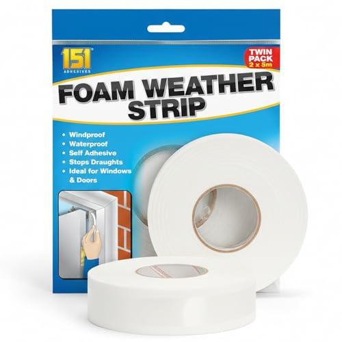 151 Foam Weather Strip Twin Pack 2 x 5m Self Adhesive Draught Excluder Door and Window Seal Tape Windproof Waterproof Insulation Strip Gap Filler Blocks Cold Air Heat Loss Noise and Dust Easy Fit