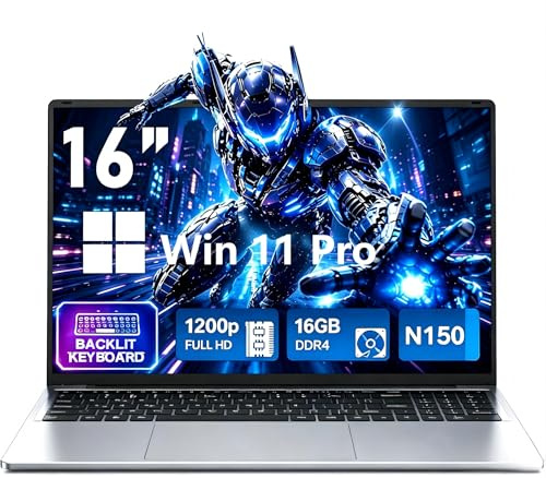 CHIFUYOU Ordenador portátil 16 GB RAM 1 TB SSD pc portátil 2026 Oficina empresarial 16 Pulgadas N150 3,6 GHz, Win 11 Pro, 1920 x 1200 p, 6000 mAh, Teclado retroiluminado - Gris