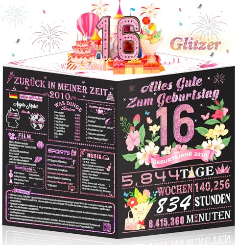 OLOSONG Geburtstagskarte 16 Geburtstag - 3D Pop Up Karte Geschenke 16 Jahre Mädchen, Sweet Roségold Deko 16. Geburtstag Für Freund Tochter Schwester Sie, Back in 2010 Mit Umschlag