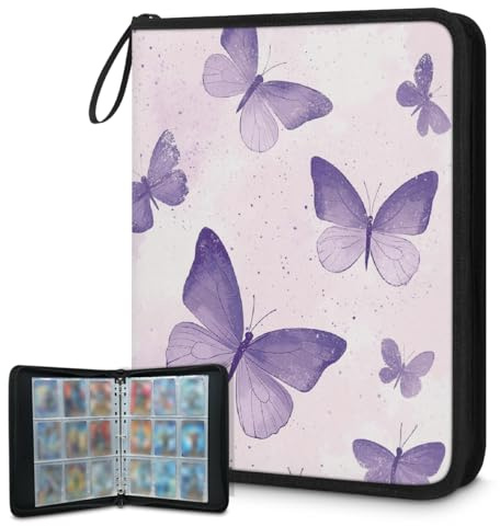 DJYQBFA Card Binder 9 Pocket with 50 Removable Sleeves - Holds 900 Trading Cards, Lilac Butterfly Motif 3-Ring Zip Top Loader Binder, Protective Album for Collectors