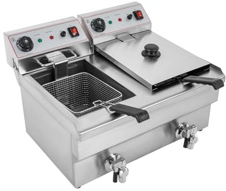 Gewerbliche Elektrische Bratpfanne 2 x 3000W Edelstahl Doppel-Fritteuse mit 2 Bratkörbe and Deckel, Elektro Pfanne Einstellbare Temperatur 60-200℃, für Restaurants, Schnellimbissen, Imbissbuden