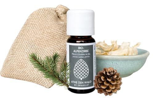 GRAVELLO® Bio Zirbenöl Set 10 ml (Pinus cembra), inkl. Zirbenspäne und Schale, Geschenkset