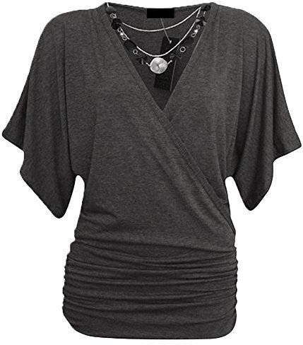 Candid Styles Womens Ladies Wrap Over Crossover V Neck Necklace Loose Tunic Batwing Top 8-22, M/L 12-14, Charcoal