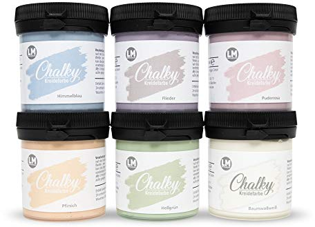 LM-Kreativ Chalky Kreidefarbe 6 x 100ml (Pastelltraum) - - Finish Kreide-Farbe für einen Vintage/Shabby-Chic-Look. Die Kreidefarben/Kalkfarbe sind auch als Holzfarbe verwendbar & trocken matt auf
