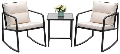 Devoko 3 Piece Rocking Bistro Set Wicker Patio Outdoor Furniture Porch Chairs Conversation Sets with Glass Coffee Table (Beige)