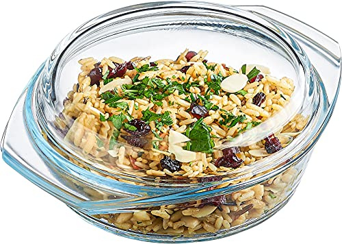Cocotte ronde en verre transparent avec couvercle et poignées, bol couvert de 0,9 l pour cuisiner, cuire, servir, micro-ondes, lave-vaisselle et four