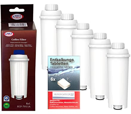 Human-Wellness 5 x AquaCrest - Wasserfilter kompatibel mit DeLonghi DLS C002 / SER 3017/5513292811 Filterkartusche - passend für ECAM ETAM Esam + 10