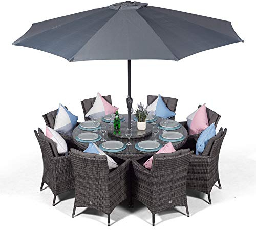 Giardino Savannah Rattan Garden Dining Set 8 Seater Outdoor Round Garden Table & Chairs, Patio Furniture with Parasol & Cover, Aluminium Frame, 155cm, Grey
