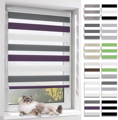 BelleMax Doppelrollo Klemmfix ohne Bohren & mit Bohren, Weiß Lila Anthrazit B35 x H130 cm (Stoffbreite 35cm), Fensterrollo lichtdurchlässig & Blickdicht, Klemmrollo Sichtschutz & Sonnenschutz