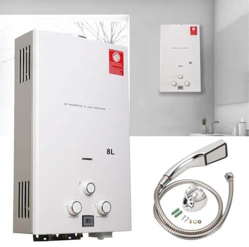 ECUTEE Chauffe eau gaz 8L 16 kW Propane Chauffe eau instantané Gas Tankless Chaudiere avec pommeau de douche à effet pluie et tuyau de douche pour camping RV en plein air, Blanc