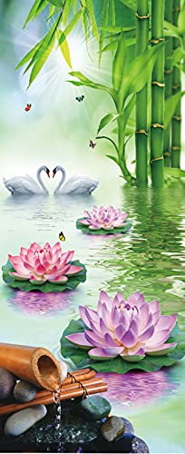 A.Monamour Türtapete Selbstklebend Türfolie Türposter 3D Grüne Bambus Lotusblumen Schwäne Im Wasser Zen Meditation Vinyl Folie Türdeko Tapete Wandbild Türaufkleber Türtattoo 85 x 200 cm