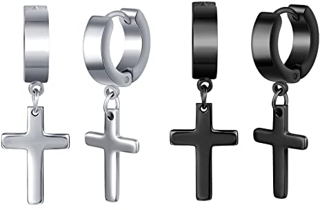 Feilok 2 Paar Creolen für Männer Frauen edelstahl Ohrstecker Ohrringe Huggie Ohrringe Set Kreuz Scharnier Kreuz Ohrhänger Baumeln Klappohrring Silber Schwarz