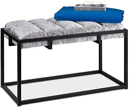 Relaxdays Sitzbank, gepolsterte Flurbank mit Samtbezug, HxBxT: 47 x 80 x 40 cm, Metall, Elegante Bettbank, grau/schwarz