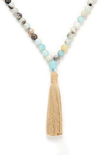 Yoga Halskette Schmuck Perlen Lange Quaste Halskette Jaspis mit 108 Mala Beads für Damen oder Herren (Amazonit (Amazonite))