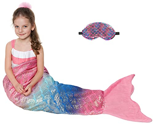 Catalonia Classy Fleece Meerjungfrau Decke, Warme Meerjungfrauenflosse Sofa Decke für Mädchen Kinder, Schlafsack Meerjungfrau Schwanz Decke, 155 x 50 cm, Glänzend Blau Rosa