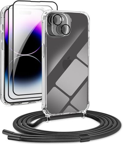 DiDaDi [5 in 1 Handykette Set für iPhone 14 Hülle mit Band+Transparent Schutzhülle+Schutzfolie+kameraschutz Glas, Abnehmbar Necklace Stylische Handyhülle zum Umhängen Kordel Case (Schwarz)