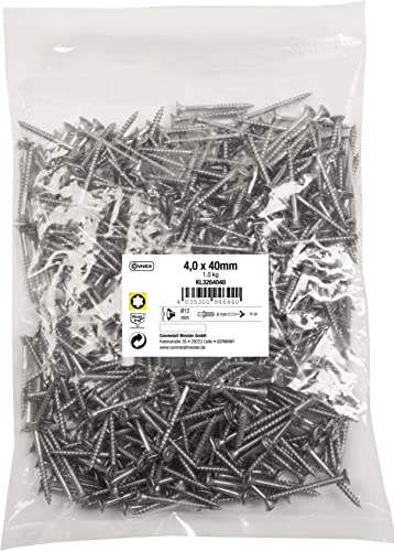 Connex KL3264040 - Tornillos universales (4,0 x 40 mm, 1 kg, cabeza avellanada, accionamiento Torx TX, rosca parcial, acero inoxidable/juego de tornillos/tornillos en bolsa