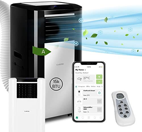 Klarstein Climatiseur Mobile Silencieux Intelligent, Mini Climatiseur 5 en 1, Refroidissement, Purificateur Antibactérien, Elimination des Odeurs, Mode Nuit, Déshumidificateur, AC, 15000 BTU, Blanc