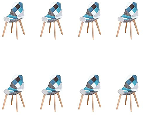 HJhomeheart Set mit 8 Esszimmerstühlen, Mehrfarbiger Patchwork-Esszimmerstuhl, Stoffstuhl mit Massivholzbeinen für Esszimmer, Wohnzimmer (Blau)