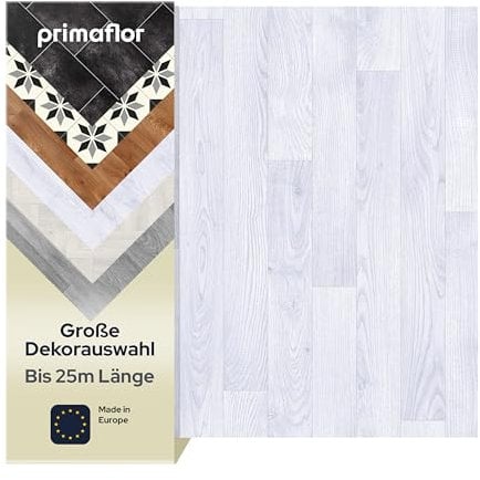 Primaflor PVC Bodenbelag Meterware - TURIN, Eiche Weiß 090S, 2,00m x 4,00m, Vinyl-Boden in Fliesenoptik für Küche, Wohn- und Badezimmer, Hochwertige Auslegware, Anti-Rutsch Oberfläche