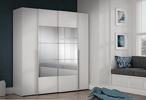Armoire NARAGO - Décor Blanc mat - 2 portes coulissantes + miroir + 2 portes battantes + 2 penderies - L200 x P61 x H210 cm