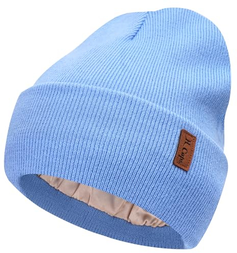 Bequemer Laden Damen Winter Warm Beanie Mütze Strickmütze mit Satin Gefüttert Thermo Wintermütze Lässig Mützen Cap, Denim Blau