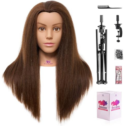 Mannequin Head with 100% Real Hair - 18 Hairdressing Styling Training Doll Head with 63 tripod stand,Braiding Manikin Practice Heads with Mannequin Heads Stand, Table Clamp, DIY Hair Styling Set #4