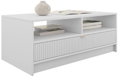 Mirjan24 Couchtisch Tireno 1SZ mit Schublade (Weiß) | Kaffeetisch mit geriffelter Front, goldfarbenem Griff und Ablagefächern für Fernbedienungen, Zeitschriften und Zubehör