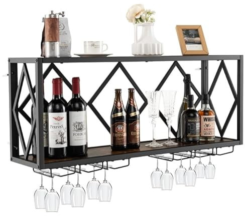 GOPLUS Étagère à Vin Murale de 39 Bouteilles et 12 Verres, avec 6 Rangées de Verres, Porte-Bouteilles, Casier à Vin pour Cuisine Salon Salle à Manger, Cadre en Métal, Style Industriel
