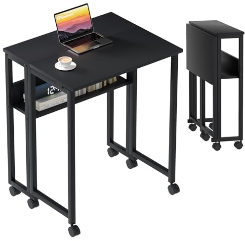GreenForest Pequeño Escritorio Plegable con Estante de Almacenamiento y Ruedas,Mesa para el Ordenador, fácil de Montaje y Ahorro de Espacio para Officina,Negro