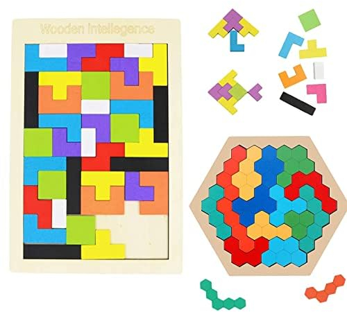 MsTeco Montessori Spielzeug ab 3 4 5 6 Jahren, 2 Stück Block Puzzle Tetris und Hexagon Holzpuzzle Tangram Kinder Pädagogisches Spielzeug Montessori Bildungsgeschenk für Jungen und Mädchen