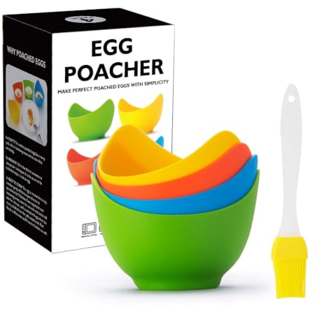 Escalfador Egg Poacher Paquete de 4 tazas de silicona para escalfar huevos, olla para huevos escalfados para microondas o estufa, olla para huevos escalfados con cepillo de aceite adicional, sin BPA