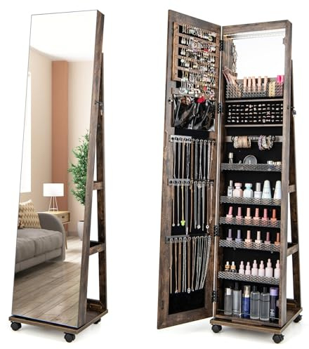 GOPLUS Armoire à Bijoux avec Miroir, Organisateur de Bijoux avec Lumières LED 3 Couleurs, Serrure, Miroir de Courtoisie Intégré, Anti-Basculement, 4 en 1 Armoire à Bijoux sur Pied avec Roues (Café)
