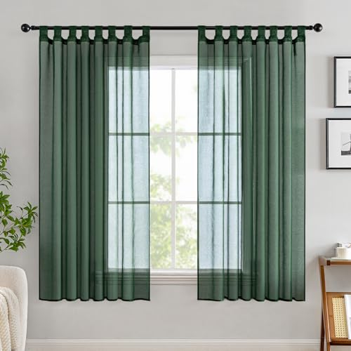 EMEMA Gardinen Transparent Vorhang Set Wohnzimmer Voile Schlaufenschal mit Bleibandabschluß 2er-Pack Wohnzimmer Luftig Dekoschal für Schlafzimmer 140 X 175 cm (B x H) Dunkelgrün