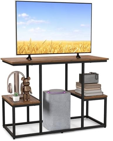 COSTWAY TV Stand for TVs up to 50 Inches, Industrial TV Cabinet Media Entertainment Center with Open Storage Shelves, Metal Frame Wooden TV Unit Console Table for Living Room Bedroom, Rustic Brown