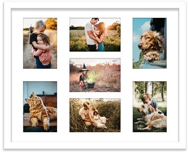 20x16 Inch 7 Opening Photo Collage Frame, Display Seven 6x4 Inch Photos, Multi Aperture Family Picture Frame, White