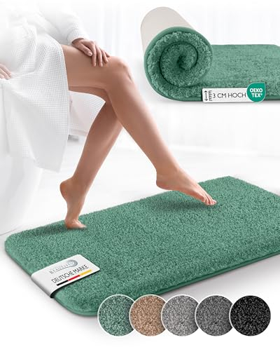 Beautissu Badematte rutschfest 120x70 cm – Duschvorleger Hochflor Badteppich rutschfest Waschbar Shaggy Optik – Flauschig Badvorleger Badezimmerteppich Groß – Badematte Mintgrün BeauMare FL