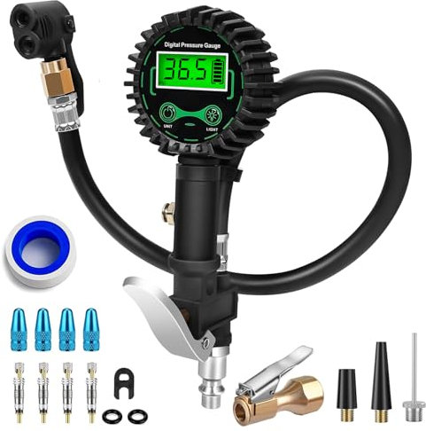 BSTOKCAM Bike Tire Inflator with Pressure Gauge - Presta & Schrader Valve Adapter, Universal Digital Tire Pressure Gauge, Accurate Readings, Upgraded Design, Easy to Use, Adjustable Pressure Lever