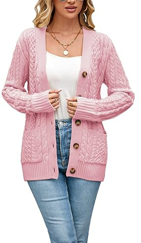 BuyiRen Womens Cardigan Sweaters Cable Knit Sweater 2026 Fall Winter Chunky Open Front Button Down Coats with Pockets, Light Pink, UK 12-14