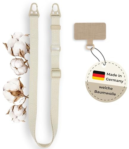 Closd Handykette universal mit Halterung, extra stabil, beige, größenverstellbar bis 160cm, Baumwolle, für alle Handymodelle und Hüllen, made in Germany