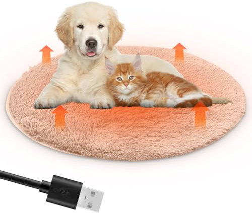 Peelanmall Heizmatte für Hunde und Katzen 40 x 40 cm, Innenwärmematte USB Lade Haustier Heizdecke 28 ℃ Konstante Plüsch-Haustier-Heizkissen, Katze Heizdecke, Weich & kuschelige Katzendecke (Khaki)
