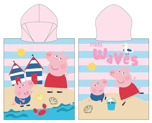 Peppa Pig Offizieller Kapuzenhandtuch-Poncho | Superweiches Gefühl, Wellen-Design | Bademantel, perfekt für Zuhause, Bad & Strand, Mehrfarbig, 115 x 50 cm