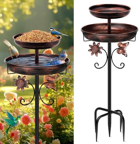 Bain d'oiseaux en métal pour l'extérieur, 106,7 cm, double bain d'oiseaux autoportant, mangeoire pour oiseaux pour extérieur, jardin, terrasse, cour, pelouse, base améliorée à 5 dents (bronze antique)