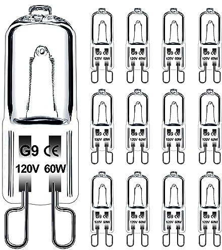 Jaenmsa 60W G9 Halogen Light Bulbs 2 Pin, 12 Pcs Xenon G9 Bulb 60 Watt 120V, JCD T4 Halogen G9 Bi-Pin Small Light Bulb for Microwave Oven, Range Hood Light, Bathroom Light Bulb, Chandeliers, Dimmable