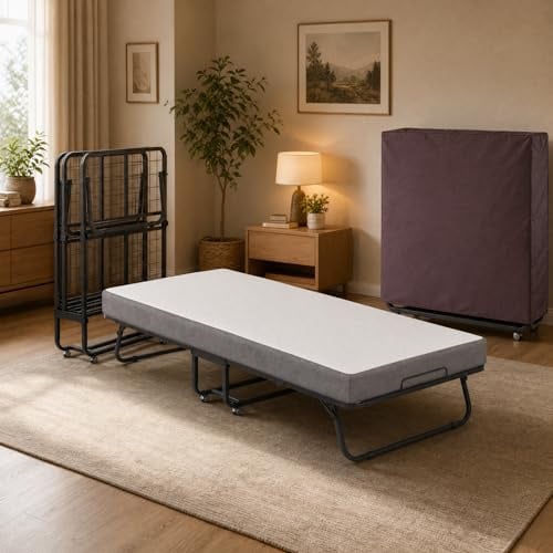 ACXIN Klappbett 90x200 cm Gästebett Klappbar für Erwachsene – Metallbettgestell mit 13 cm Memoryschaum-Matratze, Faltbares Reisebett mit Rollen, Belastbar bis 200 kg
