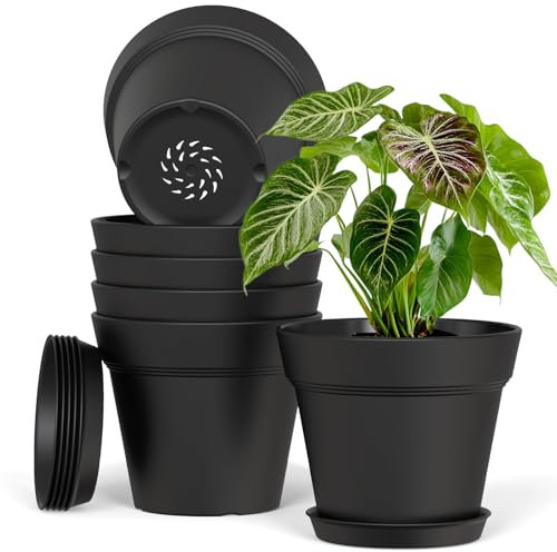 Plastic Plant Pots Indoor Outdoor, 6 Pack 7Inch/17.7CM Large Plant Pots Flower Pot with Drainage Holes and Tray,Modern Decorative Planter Pot for All House Plants(Black)